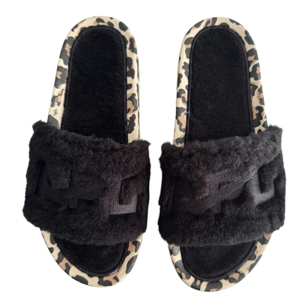 APL Women’s Shearling Furry Slide Sandals in Black/Leopard Size 8‎